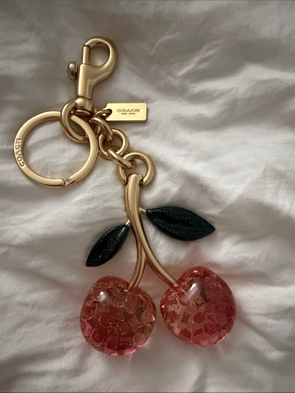 Coach Gold-Tone Pink Cherry Key Charm with Dark Green Leaves